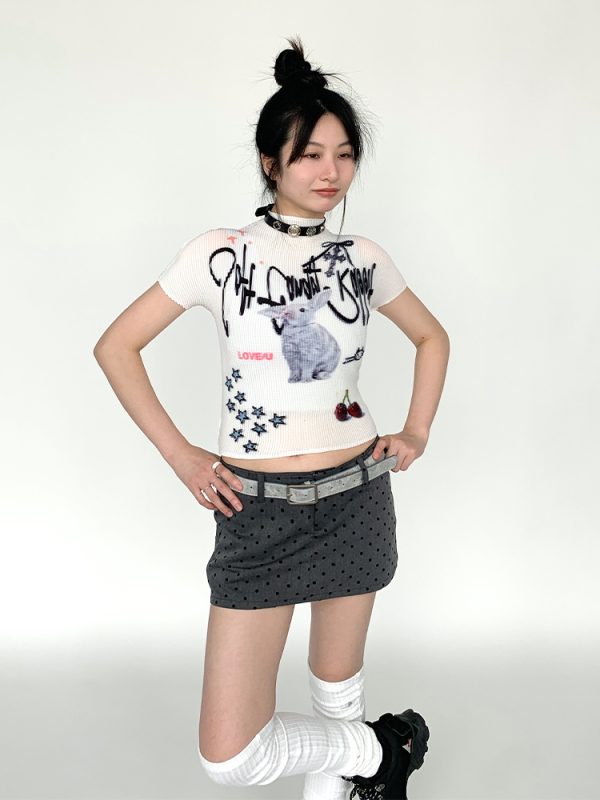 Soft Candy Rabbit Printed Short Sleeve T-Shirt - Elastic Pleated Design, Cute 90s Style Top for a Trendy Look