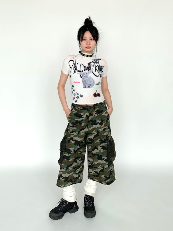 Soft Candy Rabbit Printed Short Sleeve T-Shirt - Elastic Pleated Design, Cute 90s Style Top for a Trendy Look
