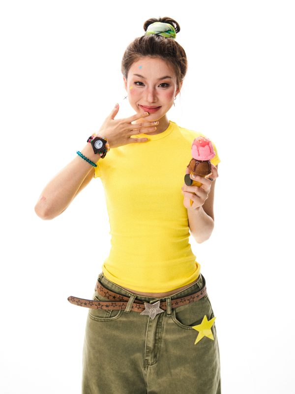 Solid Color Pink Cropped T-Shirt for Women - Short Sleeve, Slim Fit, Spicy Girl Style, Summer Essential