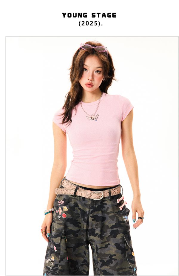 Solid Color Pink Cropped T-Shirt for Women - Short Sleeve, Slim Fit, Spicy Girl Style, Summer Essential