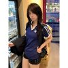 Spicy Girl College Style Polo Collar Short Sleeve T-Shirt with Cherry Embroidery - Slim Fit Color-Blocking Women's Summer Top