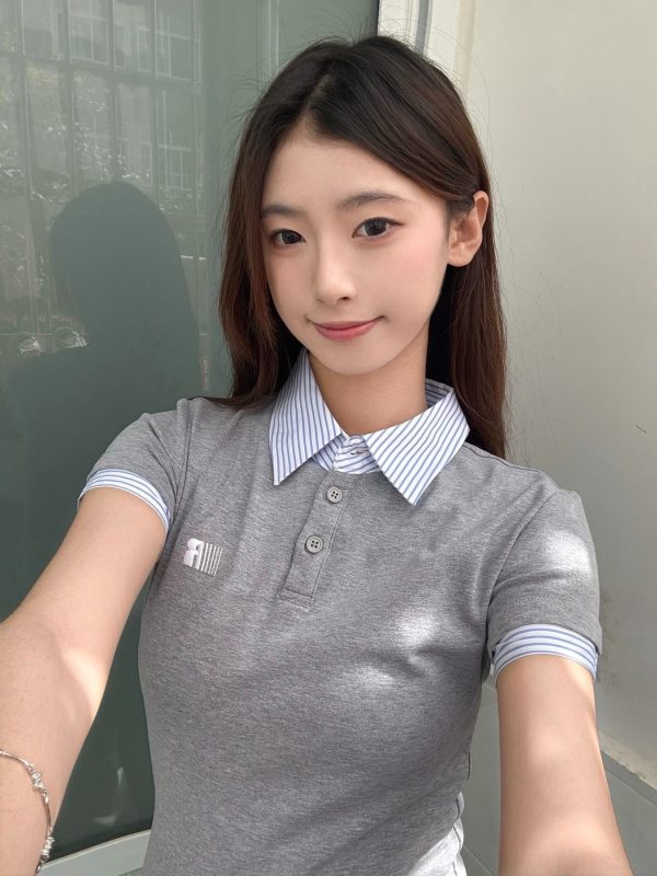 Spicy Girl Embroidered Polo Collar Short Sleeve T-Shirt - Slim Fit Two-Piece Look for Women - Summer 2025 Trendy Fashion Top