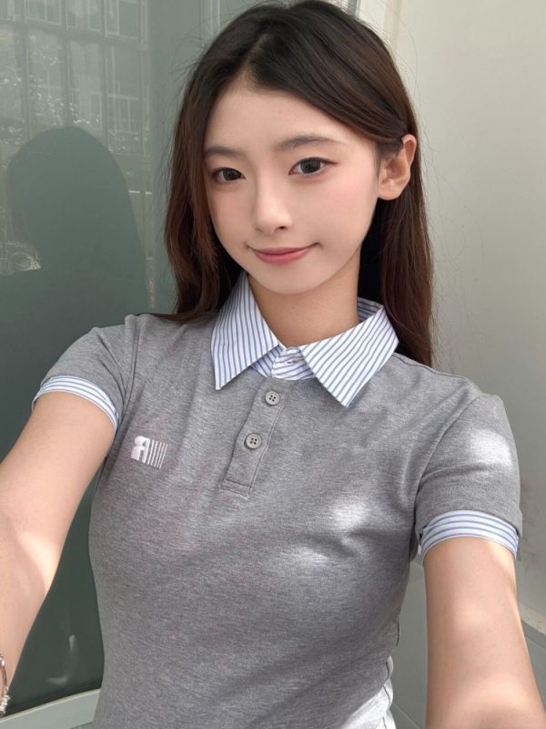 Spicy Girl Embroidered Polo Collar Short Sleeve T-Shirt - Slim Fit Two-Piece Look for Women - Summer 2025 Trendy Fashion Top