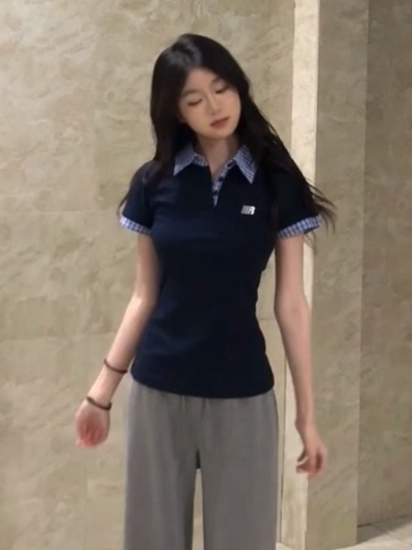 Spicy Girl Embroidered Polo Collar Short Sleeve T-Shirt - Slim Fit Two-Piece Look for Women - Summer 2025 Trendy Fashion Top