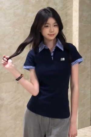 Spicy Girl Embroidered Polo Collar Short Sleeve T-Shirt - Slim Fit Two-Piece Look for Women - Summer 2025 Trendy Fashion Top