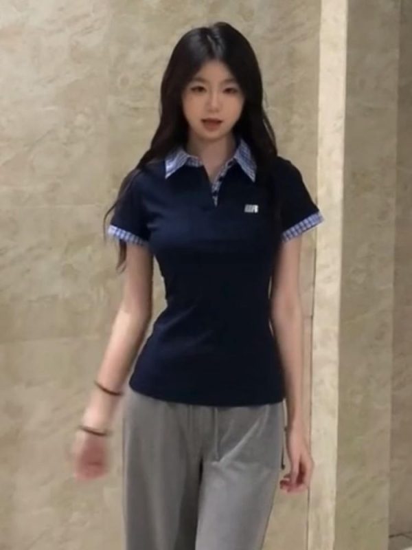 Spicy Girl Embroidered Polo Collar Short Sleeve T-Shirt - Slim Fit Two-Piece Look for Women - Summer 2025 Trendy Fashion Top