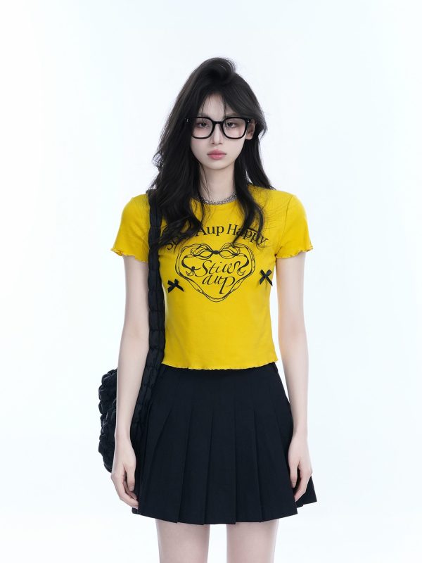 Spicy Girl Heart Bow Short Sleeve T-Shirt - American Style Slim Fit Top with Mountain Print - Y2K Fashion
