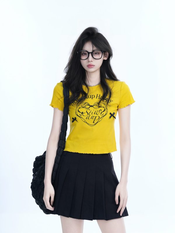 Spicy Girl Heart Bow Short Sleeve T-Shirt - American Style Slim Fit Top with Mountain Print - Y2K Fashion
