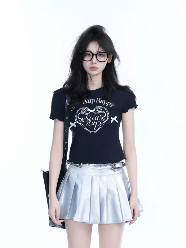 Spicy Girl Heart Bow Short Sleeve T-Shirt - American Style Slim Fit Top with Mountain Print - Y2K Fashion