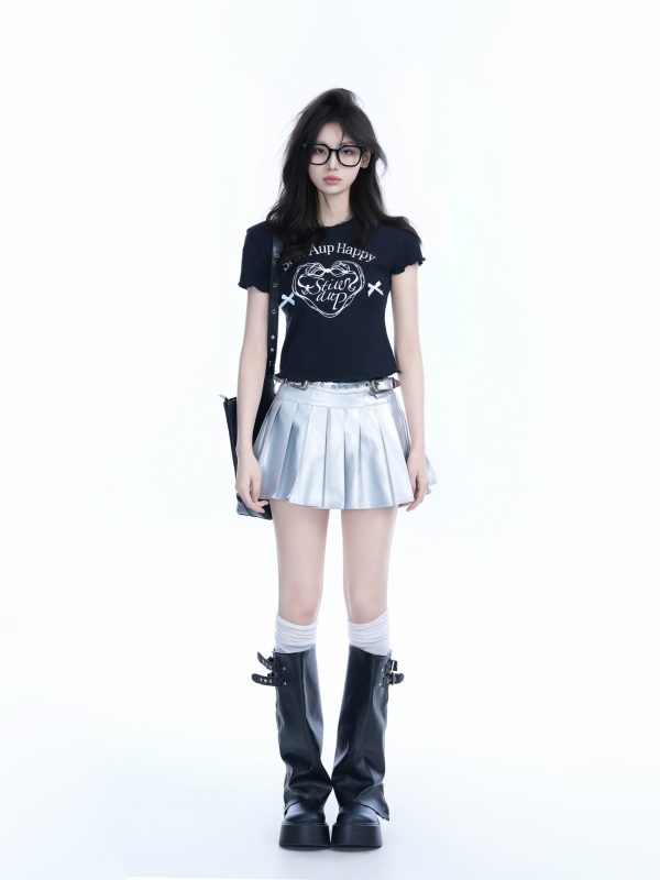 Spicy Girl Heart Bow Short Sleeve T-Shirt - American Style Slim Fit Top with Mountain Print - Y2K Fashion
