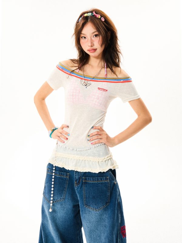 Spicy Girl Hem Spliced Lace Short Sleeve Off-Shoulder T-Shirt for Women - Summer Thin Breathable American Style