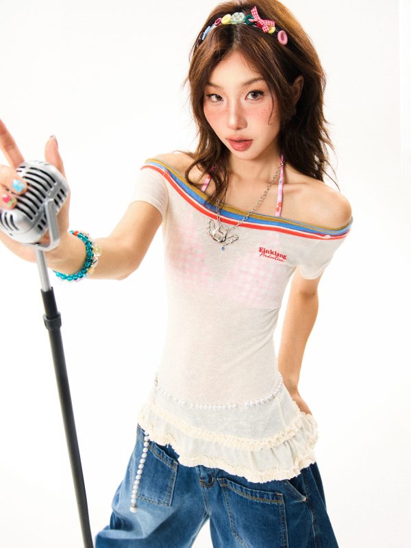 Spicy Girl Hem Spliced Lace Short Sleeve Off-Shoulder T-Shirt for Women - Summer Thin Breathable American Style