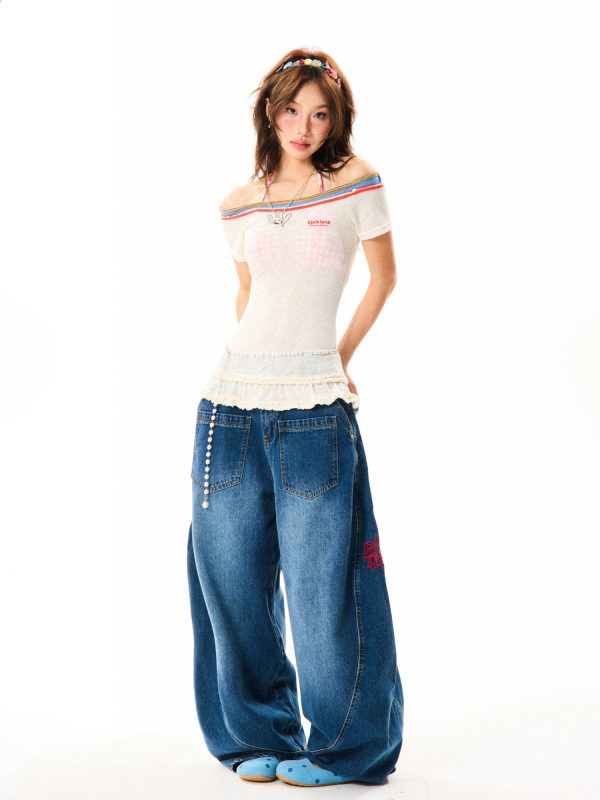 Spicy Girl Hem Spliced Lace Short Sleeve Off-Shoulder T-Shirt for Women - Summer Thin Breathable American Style