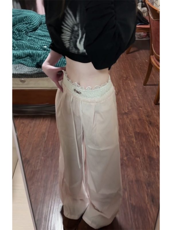 Spicy Girl Lace Patchwork Striped Cargo Pants for Women - Loose Straight Wide-Leg Hip-Hop Casual Sports Trousers