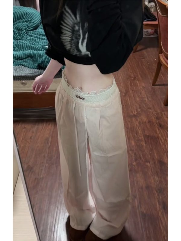 Spicy Girl Lace Patchwork Striped Cargo Pants for Women - Loose Straight Wide-Leg Hip-Hop Casual Sports Trousers