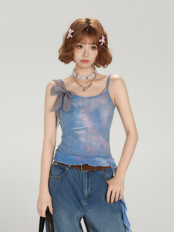 Spicy Girl Mesh Camisole for Women - American Style Summer Tie-Up Bow Fitted Top