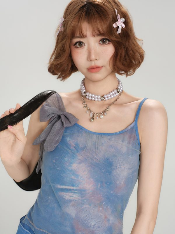 Spicy Girl Mesh Camisole for Women - American Style Summer Tie-Up Bow Fitted Top