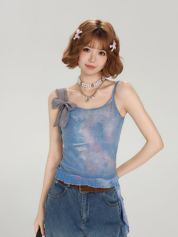 Spicy Girl Mesh Camisole for Women - American Style Summer Tie-Up Bow Fitted Top