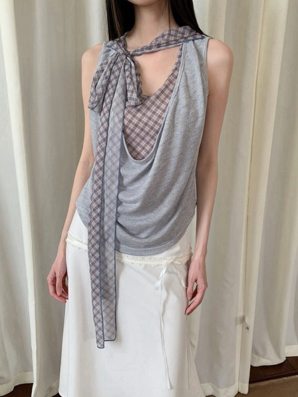 Spicy Girl Off-Shoulder Fake Two-Piece Sleeveless T-Shirt - Patterned Lazy Style Top for Women, Y2K and Casual Fashion