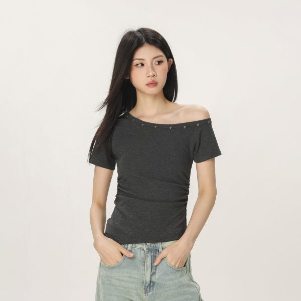 Spicy Girl Off-Shoulder Short Sleeve T-Shirt for Women - American Style Summer Slim Fit Top with Beautifully Tailored Waist