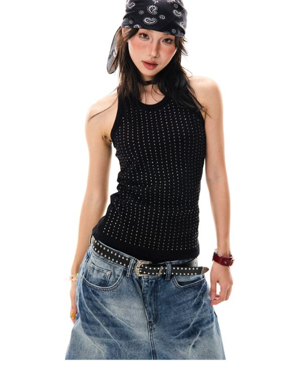 Spicy Girl Rhinestone Black Camisole - Slim Fit Summer Top for Women - American Style Fashion, Y2K Inspired