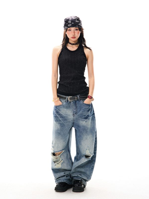 Spicy Girl Rhinestone Black Camisole - Slim Fit Summer Top for Women - American Style Fashion, Y2K Inspired