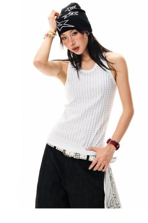 Spicy Girl Rhinestone Black Camisole - Slim Fit Summer Top for Women - American Style Fashion, Y2K Inspired