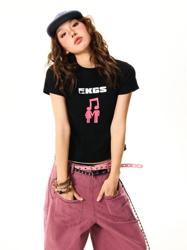 Spicy Girl Star Print Short Sleeve T-Shirt for Women - Slim Fit Summer Top in American Style, Perfect for Y2K and Casual Looks
