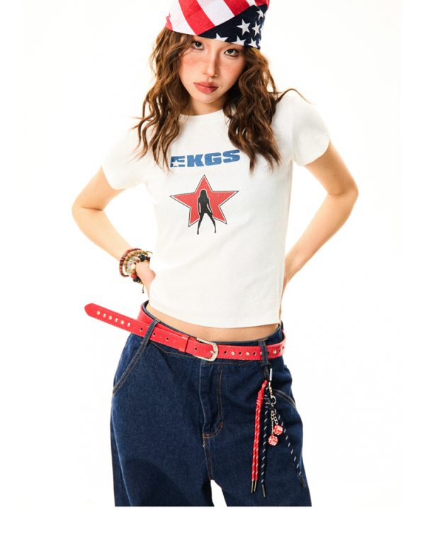 Spicy Girl Star Print Short Sleeve T-Shirt for Women - Slim Fit Summer Top in American Style, Perfect for Y2K and Casual Looks
