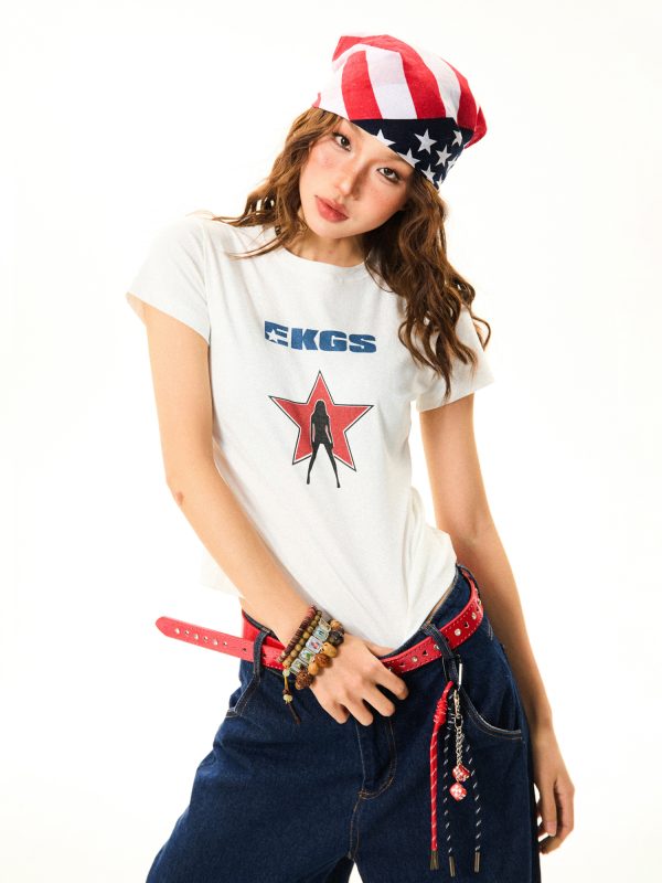 Spicy Girl Star Print Short Sleeve T-Shirt for Women - Slim Fit Summer Top in American Style, Perfect for Y2K and Casual Looks