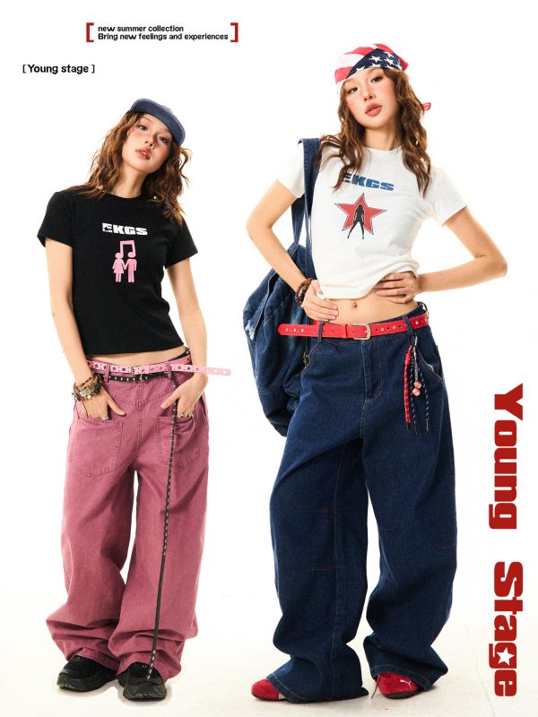 Spicy Girl Star Print Short Sleeve T-Shirt for Women - Slim Fit Summer Top in American Style, Perfect for Y2K and Casual Looks
