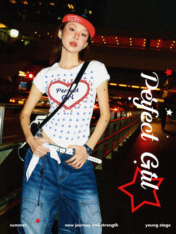 Spicy Girl Star Print Short Sleeve T-Shirt for Women - Summer Slim Fit Versatile Top, American Style, 90s Inspired Fashion
