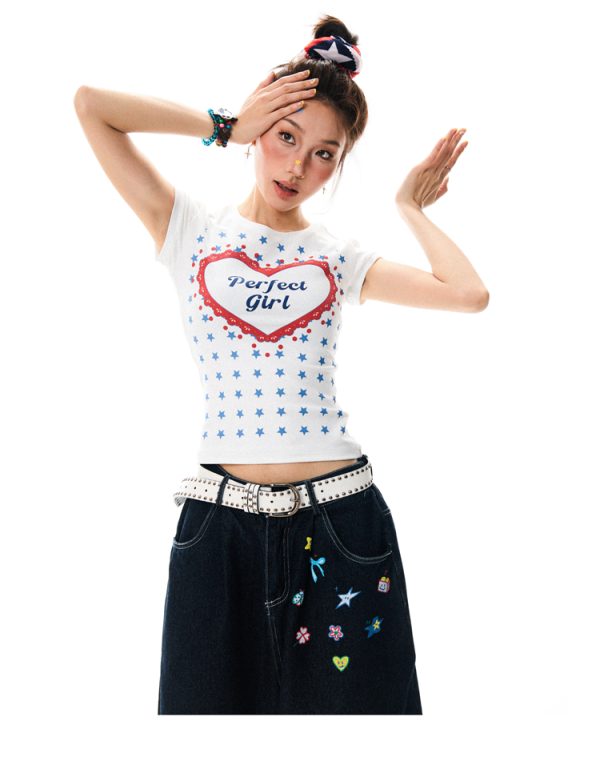 Spicy Girl Star Print Short Sleeve T-Shirt for Women - Summer Slim Fit Versatile Top, American Style, 90s Inspired Fashion