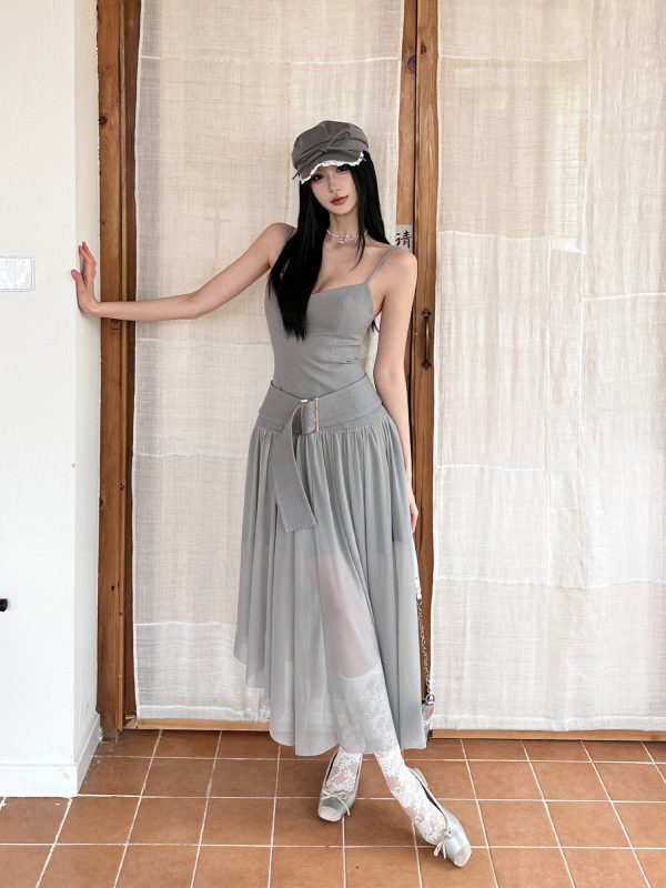 Spliced Camisole Dress for Women - Elegant Spring Tulle Dress with Mixed Fabric Waistband, Cool Feel, Perfect for Y2K and Chic Styles