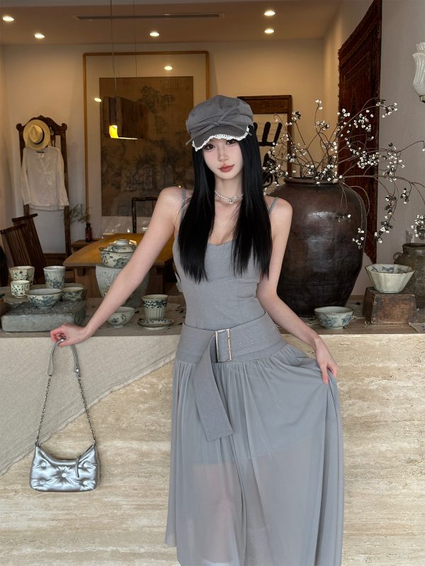 Spliced Camisole Dress for Women - Elegant Spring Tulle Dress with Mixed Fabric Waistband, Cool Feel, Perfect for Y2K and Chic Styles