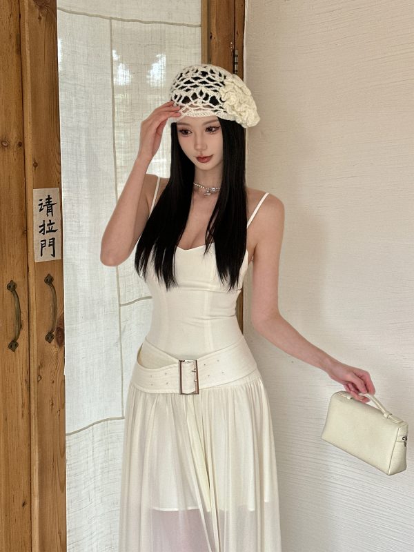 Spliced Camisole Dress for Women - Elegant Spring Tulle Dress with Mixed Fabric Waistband, Cool Feel, Perfect for Y2K and Chic Styles