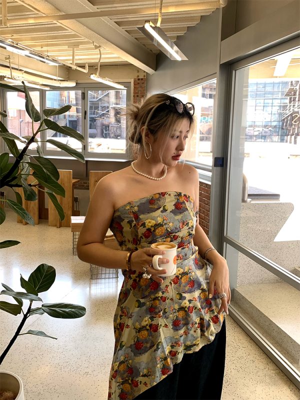 Spring Floral Strapless Camisole - Irregular Waist-Defining Design for Women - Trendy Y2K Style Top