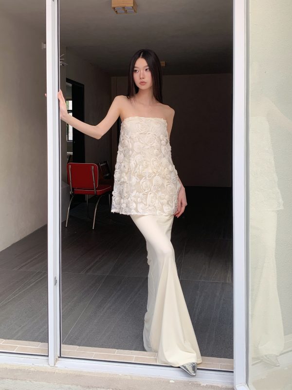 Spring Ode 3D Rose Embroidery Floral Sequin Strapless A-Line Mermaid Dress with Tulle Set - Perfect for Weddings and Parties