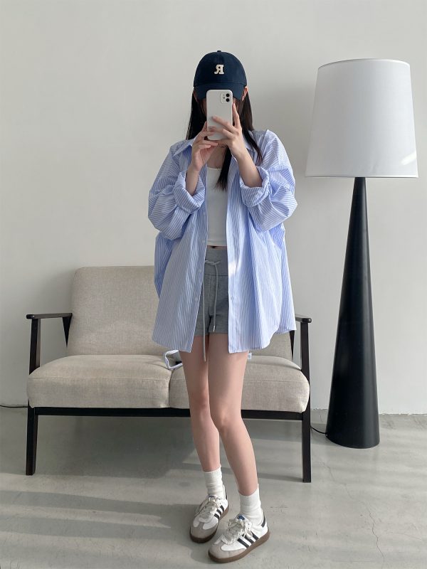 Spring Summer Womenâ€™s Striped Long Sleeve Shirt - Casual Sun Protection Top, Loose Slimming Fit, Korean Style Vacation Wear