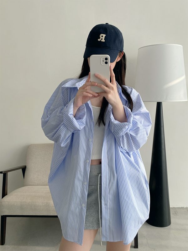 Spring Summer Womenâ€™s Striped Long Sleeve Shirt - Casual Sun Protection Top, Loose Slimming Fit, Korean Style Vacation Wear