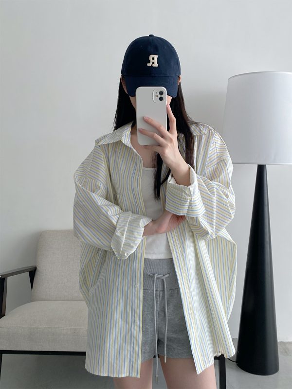 Spring Summer Womenâ€™s Striped Long Sleeve Shirt - Casual Sun Protection Top, Loose Slimming Fit, Korean Style Vacation Wear