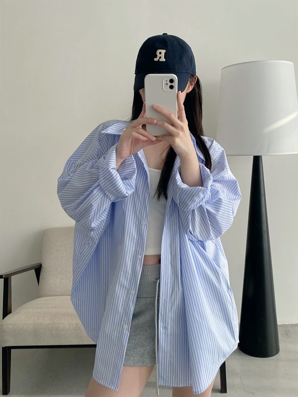 Spring Summer Womenâ€™s Striped Long Sleeve Shirt - Casual Sun Protection Top, Loose Slimming Fit, Korean Style Vacation Wear