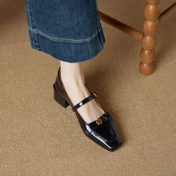 Square Toe Camellia Mary Jane Shoes for Women - 2025 New Style One-Strap Chunky High Heels in Genuine Leather