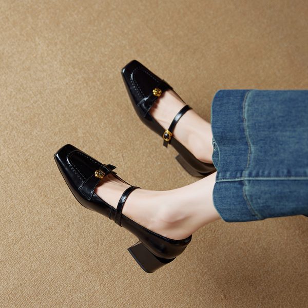 Square Toe Camellia Mary Jane Shoes for Women - 2025 New Style One-Strap Chunky High Heels in Genuine Leather