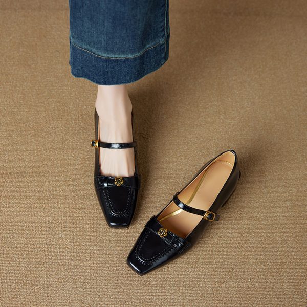 Square Toe Camellia Mary Jane Shoes for Women - 2025 New Style One-Strap Chunky High Heels in Genuine Leather