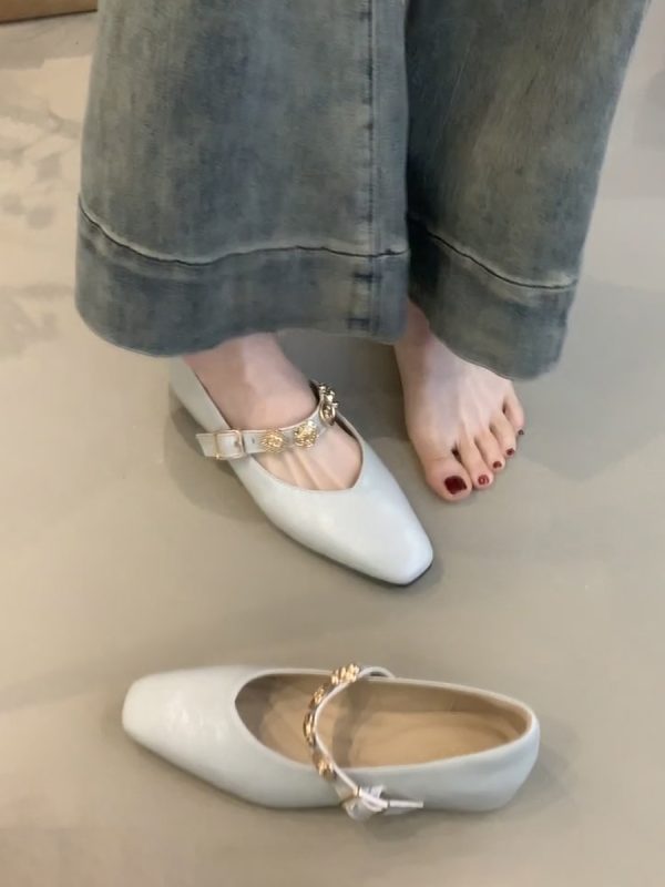 Square-Toed Height-Increasing Sheepskin Mary Jane Shoes with Metal Buckle - French Style Flats for Commuting