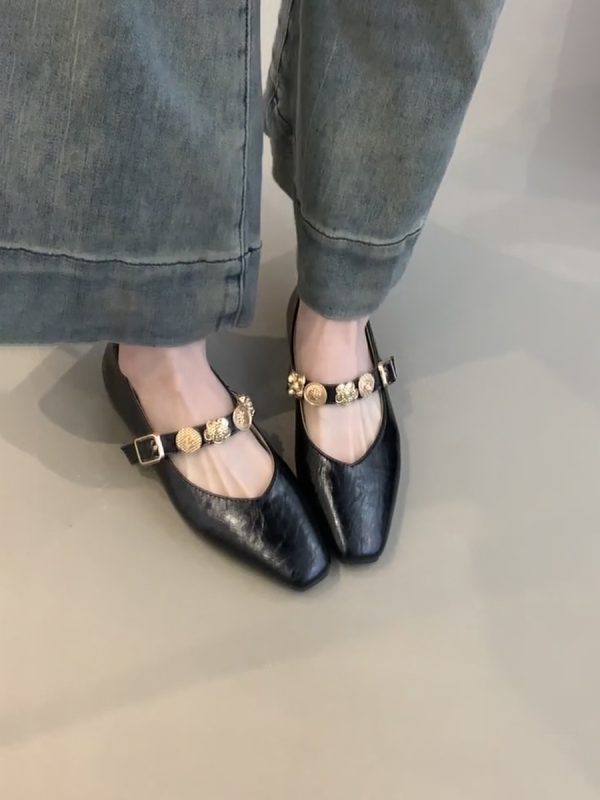 Square-Toed Height-Increasing Sheepskin Mary Jane Shoes with Metal Buckle - French Style Flats for Commuting