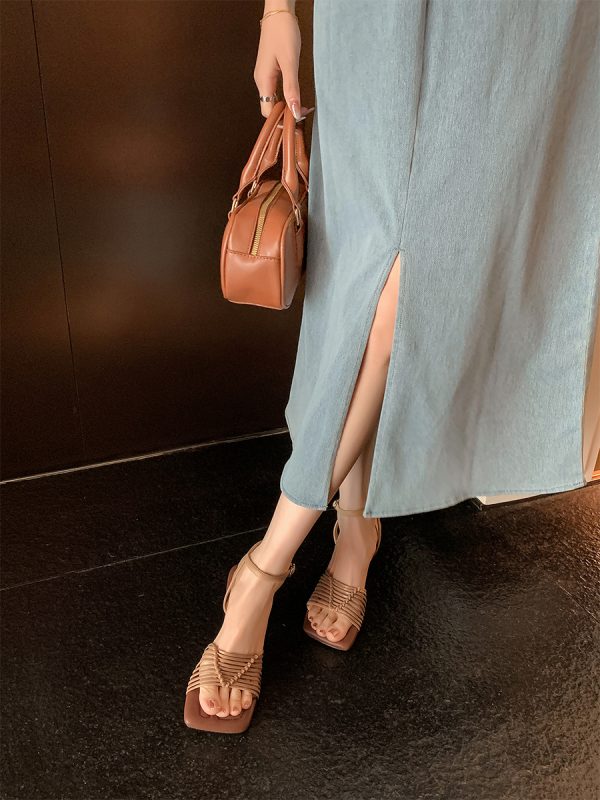 Square-Toed High-Heeled Sheepskin Sandals for Women - Hollow-Out Thin Strap, Woven One-Strap Genuine Leather Summer Fashion Sandals
