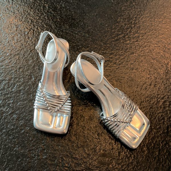 Square-Toed High-Heeled Sheepskin Sandals for Women - Hollow-Out Thin Strap, Woven One-Strap Genuine Leather Summer Fashion Sandals