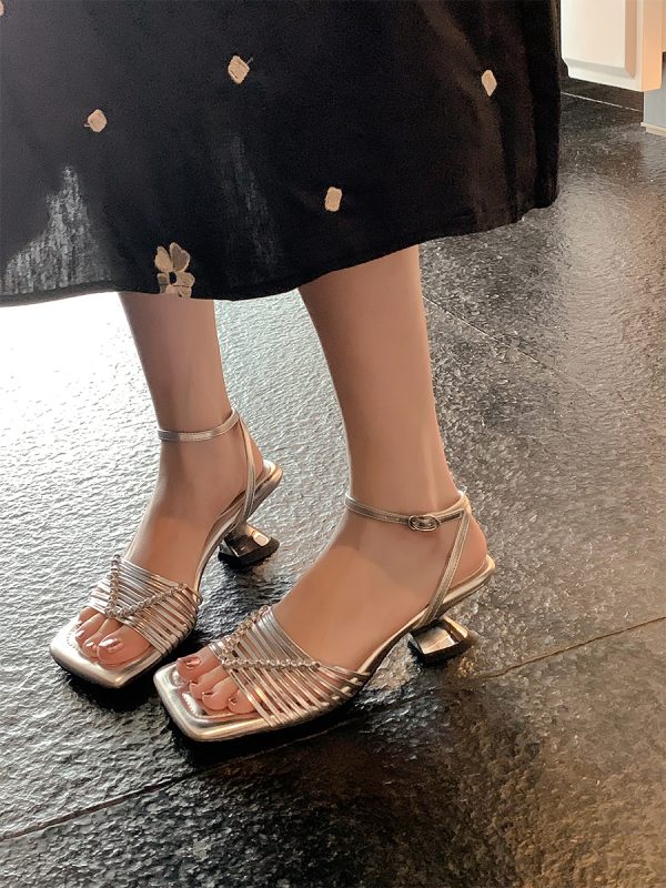 Square-Toed High-Heeled Sheepskin Sandals for Women - Hollow-Out Thin Strap, Woven One-Strap Genuine Leather Summer Fashion Sandals